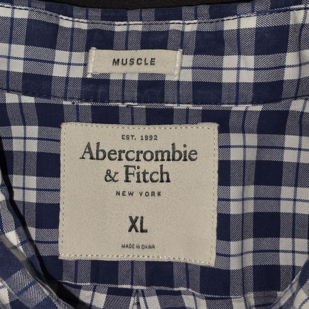 Abercrombie & Fitch Men's Plaid Check Muscle Fit Button-Down Shirt Blue White XL - Picture 2 of 9